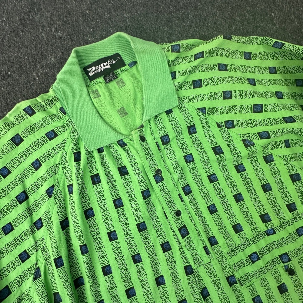 Vtg 90s Zeppelin Geometric Tribal Polo Shirt Mens 2XT Tall Lime Green Abstract